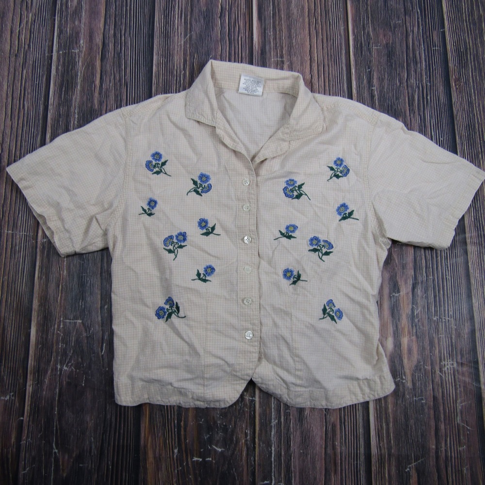 Partners Button Up Shirt Womens Medium Tan Gingham Blue Floral Cotton Granny